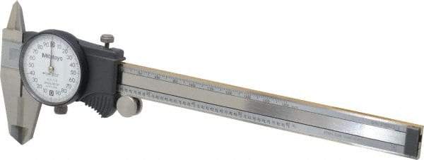 Mitutoyo - 0mm to 6" Range, 0.001" Graduation, 0.2" per Revolution, Dial Caliper - White Face, 1-9/16" Jaw Length, Accurate to 0.0010" - Benchmark Tooling