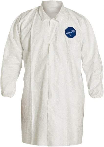 Dupont - Size 2XL White Disposable Chemical Resistant Lab Coat - Tyvek, Snap Front, Elastic Cuff - Benchmark Tooling