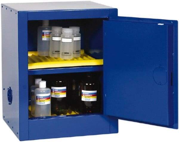 Eagle - 1 Door, 1 Shelf, Blue Steel Bench Top Safety Cabinet for Corrosive Chemicals - 23" High x 17-1/2" Wide x 18" Deep, Self Closing Door, 3 Point Key Lock, 4 Gal Capacity - Benchmark Tooling