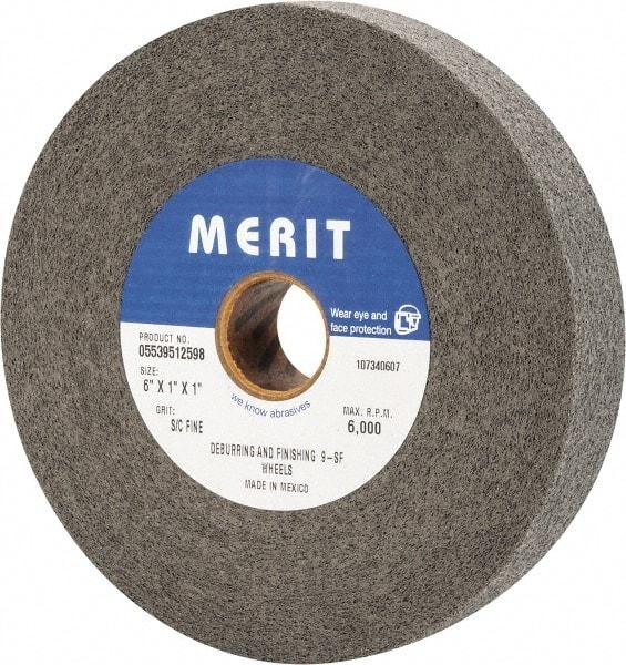 Merit Abrasives - 6" Diam, 1" Face Width, 1" Center Hole, Fine Grade, Silicon Carbide Deburring Wheel - Convolute, Hard Density 9 Grade, 6,000 RPM - Benchmark Tooling