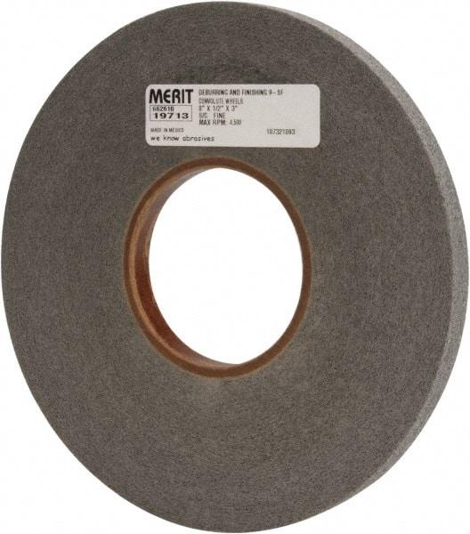 Merit Abrasives - 8" Diam, 1/2" Face Width, 3" Center Hole, Fine Grade, Silicon Carbide Deburring Wheel - Convolute, Hard Density 9 Grade, 4,500 RPM - Benchmark Tooling