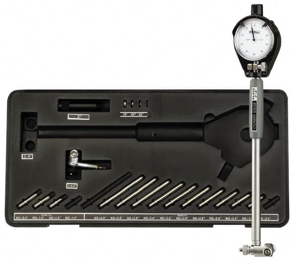 Fowler - 16 Anvil, 35 to 160mm Dial Bore Gage - 0.01mm Graduation, 225mm Gage Depth, Carbide Anvil - Benchmark Tooling