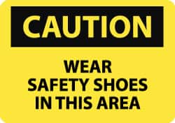 NMC - "Caution - Wear Safety Shoes in This Area", 7" Long x 10" Wide, Rigid Plastic Safety Sign - Rectangle, 0.05" Thick, Use for Accident Prevention - Benchmark Tooling