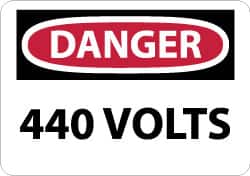 NMC - Accident Prevention Label, Header: DANGER - Legend: Danger - 440 Volts, English, Red, Black & White, 5" Long x 3" High, Sign Muscle Finish - Benchmark Tooling