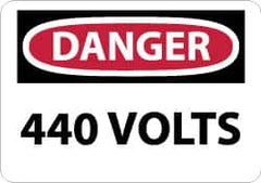 NMC - Accident Prevention Label, Header: DANGER - Legend: Danger - 440 Volts, English, Red, Black & White, 5" Long x 3" High, Sign Muscle Finish - Benchmark Tooling
