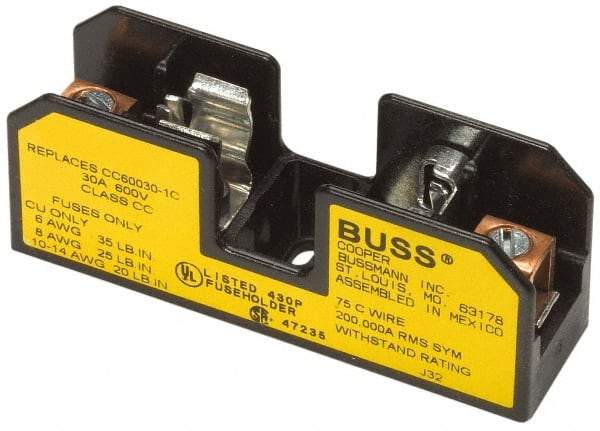 Cooper Bussmann - 2 Pole, 10 to 14 AWG, 480 VAC/VDC, 30 Amp, DIN Rail Mount Fuse Block - 3 Inch Long x 1.63 Inch Wide x 1.22 Inch High Block - Benchmark Tooling