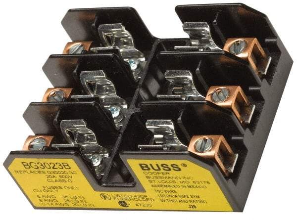 Cooper Bussmann - 3 Pole, 14 to 6 AWG, 480 VAC/VDC, 30 Amp, DIN Rail Mount Fuse Block - 3 Inch Long x 2.38 Inch Wide x 1.22 Inch High Block - Benchmark Tooling