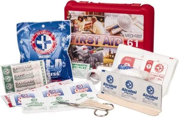 Medique - 61 Piece, Multipurpose/Auto/Travel First Aid Kit - 8" Wide x 2-1/2" Deep x 6" High, Plastic Case - Benchmark Tooling