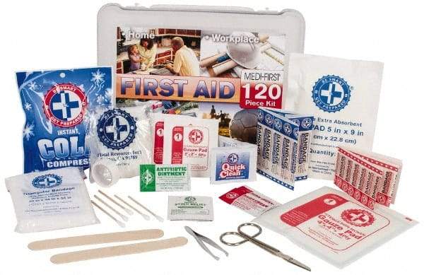 Medique - 120 Piece, Multipurpose/Auto/Travel First Aid Kit - 10" Wide x 3-1/2" Deep x 7-1/2" High, Plastic Case - Benchmark Tooling