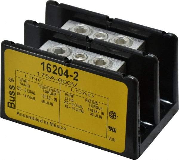 Cooper Bussmann - 2 Poles, 175 Amp, 2/0-8 AWG (Cu/Al) Primary, 2/0-8 AWG (Cu/Al) Secondary, Thermoplastic Power Distribution Block - 600 VAC/VDC, 1 Primary Connection, 3.58 Inch Long x 3.32 Inch Deep x 4 Inch High - Benchmark Tooling