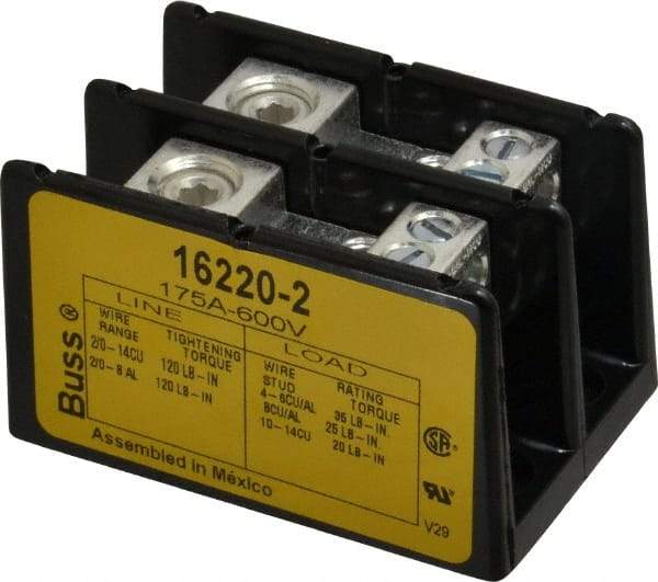 Cooper Bussmann - 2 Poles, 175 Amp, 8-2/0 AWG (Al), 14-2/0 AWG (Cu) Primary, 4-14 AWG (Cu), 4-8 AWG (Al) Secondary, Thermoplastic Power Distribution Block - 600 VAC/VDC, 1 Primary Connection, 3.58 Inch Long x 3.32 Inch Deep x 4 Inch High - Benchmark Tooling