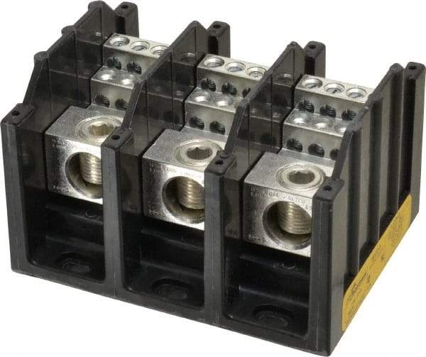 Cooper Bussmann - 3 Poles, 310 Amp, 350 kcmil-6 AWG (Cu/Al) Primary, 4-12 AWG (Al), 4-14 AWG (Cu) Secondary, Thermoplastic Power Distribution Block - 600 VAC/VDC, 1 Primary Connection, 5.2 Inch Long x 3.32 Inch Deep x 4 Inch High - Benchmark Tooling