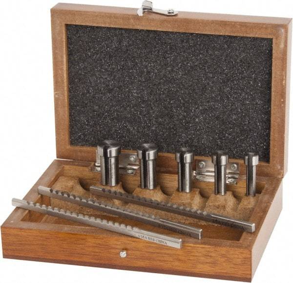 Value Collection - 8 Piece, 1/16 to 1/8" Keyway Width, Style A Keyway Broach Set - Bright Finish High Speed Steel Broach, Collared Bushing, 1/4 to 1/2" Bushing Diam - Benchmark Tooling