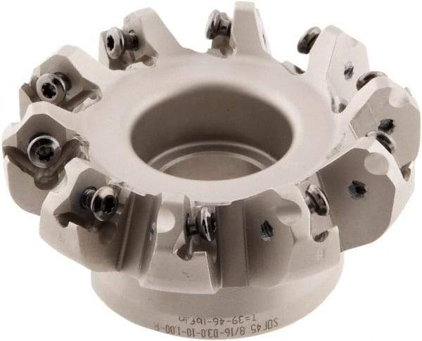 Iscar - 3" Cut Diam, 1" Arbor Hole, 0.138" Max Depth of Cut, 45° Indexable Chamfer & Angle Face Mill - 10 Inserts, ONHU 0505\xB6OXMT 0507\xB6S845 SN.U 1305 Insert, Right Hand Cut, 10 Flutes, Series Helido - Benchmark Tooling