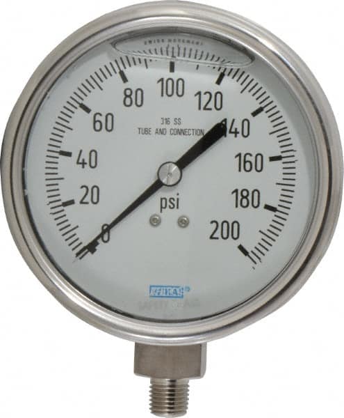 Wika - 4" Dial, 1/4 Thread, 0-200 Scale Range, Pressure Gauge - Lower Connection Mount, Accurate to 1% of Scale - Benchmark Tooling