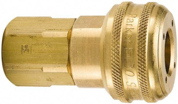 Parker - 1/2-14 Female NPTF Industrial Pneumatic Hose Coupler - Brass, 3/4" Body Diam - Benchmark Tooling