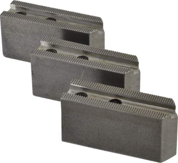 H & R Manufacturing - 1.5mm x 60° Serrated Attachment, Square Soft Lathe Chuck Jaw - 3 Jaws, Steel, 0.969" Btw Mount Hole Ctrs, 3-1/8" Long x 1" Wide x 1-1/2" High, 0.433" Groove, 8mm Fastener - Benchmark Tooling