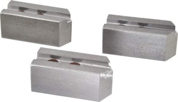 H & R Manufacturing - 1.5mm x 60° Serrated Attachment, Square Soft Lathe Chuck Jaw - 3 Jaws, Steel, 1" Btw Mount Hole Ctrs, 3-1/2" Long x 1-1/2" Wide x 1-1/2" High, 0.551" Groove, 12mm Fastener - Benchmark Tooling