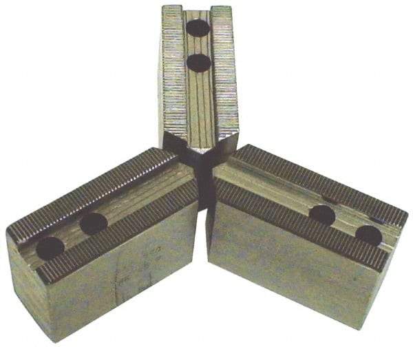 H & R Manufacturing - 4" Chuck Capacity, 1.5mm x 60° Serrated Attachment, Square Soft Lathe Chuck Jaw - 3 Jaws, Steel, 0.6" Btw Mount Hole Ctrs, 2" Long x 1" Wide x 1" High, 0.316" Groove, 5mm Fastener - Benchmark Tooling