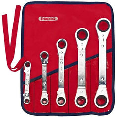 Proto - 5 Piece, 1/4 x 5/16 to 3/4 x 7/8", 6 & 12 Point, Ratcheting Box Wrench Set - Inch System of Measurement, Full Polish Finish, Comes in Nylon Roll - Benchmark Tooling