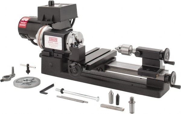 Sherline - 3-1/2" Swing, 8" Between Centers, 100/240 Volt, Single Phase Miniature Lathe - 1MT Taper, 1/2 hp, 70 to 2,800 RPM, 10mm Bore Diam, 260mm Deep x 203.2mm High x 584.2mm Long - Benchmark Tooling