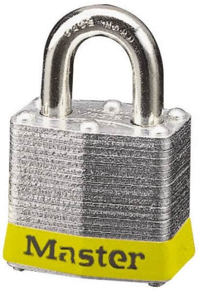 Master Lock - Keyed Alike Retaining Key Conductive Lockout Padlock - 3/4" Shackle Clearance, 9/32" Shackle Diam, 1-1/4" Body Height x 1-9/16" Body Width, Yellow, 4 Pins - Benchmark Tooling