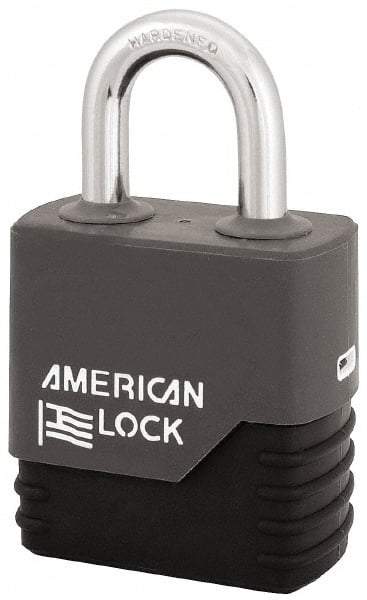 American Lock - 1-1/8" Shackle Clearance, Keyed Different Padlock with Weather Cover - 5/16" Shackle Diam, Steel - Benchmark Tooling