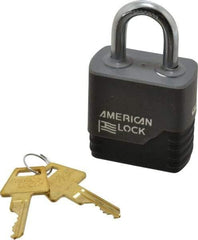 American Lock - 1-1/8" Shackle Clearance, Keyed Different Padlock with Weather Cover - 5/16" Shackle Diam, Brass - Benchmark Tooling