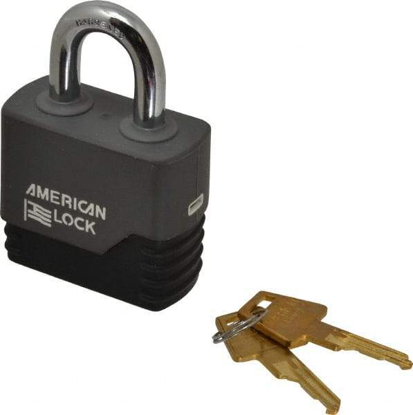 American Lock - 1-1/8" Shackle Clearance, Keyed Different Padlock with Weather Cover - 3/8" Shackle Diam, Brass - Benchmark Tooling