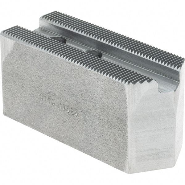 Atlas Workholding - 1.5mm x 60° Serrated Attachment, Square Soft Lathe Chuck Jaw - Steel, 0.787" Btw Mount Hole Ctrs, 3-1/8" Long x 1-1/4" Wide x 1-1/2" High, 0.475" Groove, M10mm Fastener - Benchmark Tooling