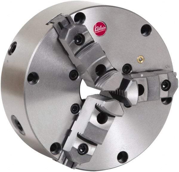 Atlas Workholding - 3 Jaws, 12" Diam, Self Centering Manual Lathe Chuck - Plain Back Mount Spindle, Adjustable, Reversible, 2,000 Max RPM, 3.285" Through Hole Diam, Cast Iron - Benchmark Tooling