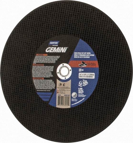 Norton - 14" Aluminum Oxide Cutoff Wheel - 1/8" Thick, 20mm Arbor, 5,400 Max RPM, Use with Angle Grinders - Benchmark Tooling