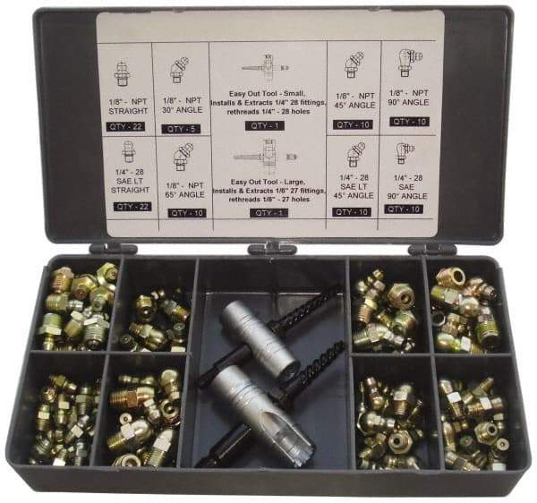 PRO-LUBE - 101 Piece, Metric, Box Plastic Steel Grease Fitting Set - Includes Metric Thread Types, Includes M10x1: (20) Straight, (5) 45°, (10) 90°, M6x1: (30) Straight, (5) 45°, (10) 90°, M8x1: (14) Straight, (5) 90° - Benchmark Tooling