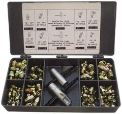 PRO-LUBE - 101 Piece, Inch, Box Plastic Steel Grease Fitting Set - Includes PTF, UNF Thread Types, Includes 1/4-28 SAE-LT: (22) Straight, (10) 45°, (10) 90°, 1/8-27 PTF: (22) Straight, (5) 30°, (10) 45°, (10) 65°, (10) 90° - Benchmark Tooling