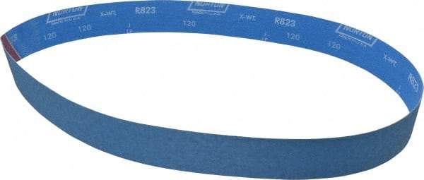 Norton - 2" Wide x 48" OAL, 120 Grit, Zirconia Alumina Abrasive Belt - Zirconia Alumina, Fine, Coated, X Weighted Cloth Backing, Series R823 - Benchmark Tooling