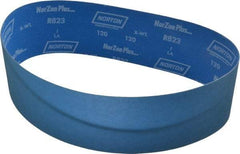 Norton - 4" Wide x 36" OAL, 120 Grit, Zirconia Alumina Abrasive Belt - Zirconia Alumina, Fine, Coated, X Weighted Cloth Backing, Series R823 - Benchmark Tooling