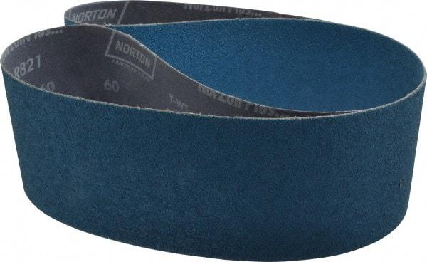 Norton - 4" Wide x 54" OAL, 60 Grit, Zirconia Alumina Abrasive Belt - Zirconia Alumina, Medium, Coated, Y Weighted Cloth Backing, Dry, Series R821 - Benchmark Tooling