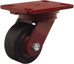 Hamilton - 4" Diam x 2" Wide x 5-5/8" OAH Top Plate Mount Swivel Caster - Rubber Mold on Cast Iron, 300 Lb Capacity, Straight Roller Bearing, 4-1/2 x 6-1/2" Plate - Benchmark Tooling