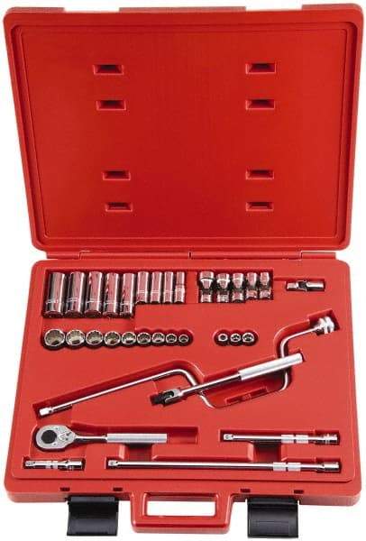 Proto - 33 Piece 3/8" Drive Socket Set - 6, 8, 12 Points, 1/4" to 7/8" Range, Inch Measurement Standard - Benchmark Tooling