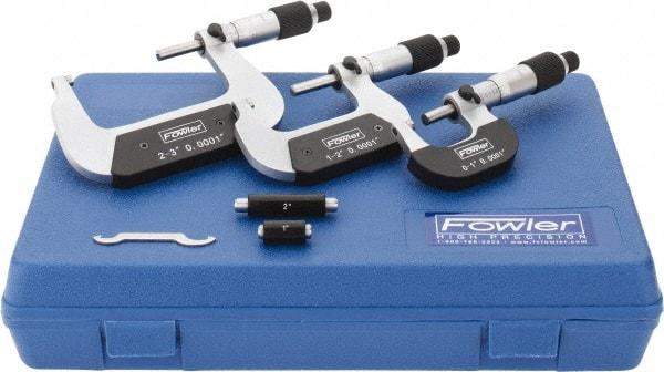 Fowler - 0 to 3" Range, 3 Piece Mechanical Outside Micrometer Set - 0.0001" Graduation, 0.0001 (0 to 2)" Accuracy, Ratchet-Friction Thimble, Carbide Tipped Face - Benchmark Tooling