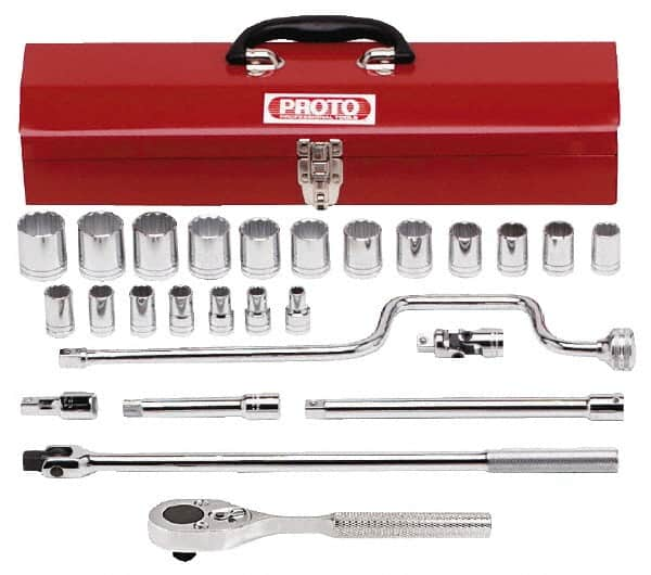 Proto - 26 Piece 1/2" Drive Socket Set - 12 Points, 3/8" to 1-1/4" Range, Inch Measurement Standard - Benchmark Tooling