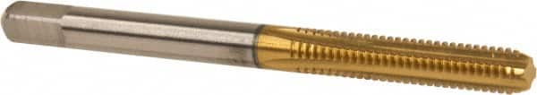 Made in USA - #8-32 UNC 2B 4 Flute TiN Finish High Speed Steel Straight Flute Standard Hand Tap - Bottoming, Right Hand Thread, 2-1/8" OAL, 3/4" Thread Length, H3 Limit, Oversize - Exact Industrial Supply