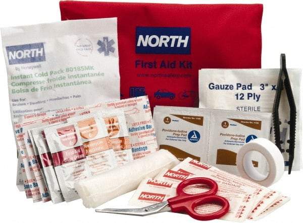 North - 39 Piece, 10 Person, Multipurpose/Auto/Travel First Aid Kit - 4-1/2" Wide x 1-1/2" Deep x 7" High, Nylon Bag - Benchmark Tooling