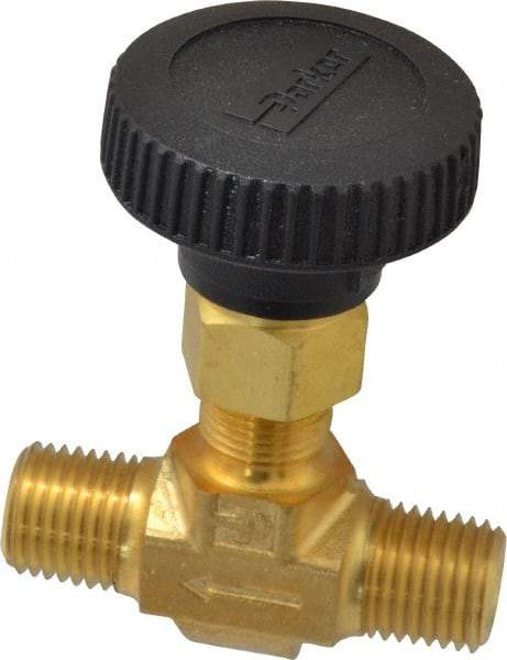 Parker - 3,000 Max psi, 1/4" Pipe, Brass, Inline Instrumentation Needle Valve - MNPT x MNPT End Connections - Benchmark Tooling