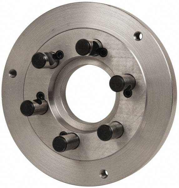 Buck Chuck Company - Adapter Back Plate for 10" Diam Self Centering Lathe Chucks - D1-6 Mount, 3-1/4" Through Hole Diam, 7.858mm ID, 10" OD, 0.985" Flange Height, Steel - Benchmark Tooling