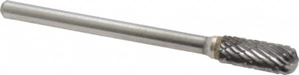 Atrax - 3/16" Cut Diam, 1/8" Shank Diam, Cylinder with Radius Head Double Cut Burr - Carbide, Radius End, 1/2" LOC, 1-1/2" OAL - Benchmark Tooling