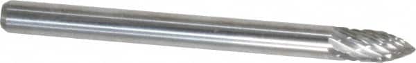 Atrax - 1/8" Cut Diam, 1/8" Shank Diam, Tree Head Double Cut Burr - Carbide, Point End, 1/4" LOC, 1-1/2" OAL - Benchmark Tooling