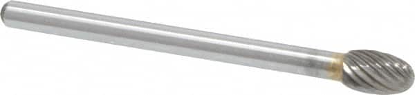 Atrax - 3/16" Cut Diam, 1/8" Shank Diam, Oval Head Single Cut Burr - Carbide, Radius End, 9/32" LOC, 1-1/2" OAL - Benchmark Tooling