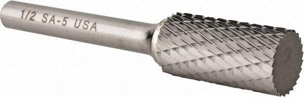 Atrax - 1/2" Cut Diam, 1/4" Shank Diam, Cylinder Head Double Cut Burr - Carbide, Flat End, 1" LOC, 2-3/4" OAL - Benchmark Tooling