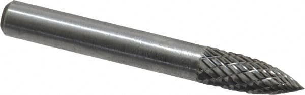 Atrax - 1/4" Cut Diam, 1/4" Shank Diam, Tree Head Double Cut Burr - Carbide, Point End, 5/8" LOC, 2" OAL - Benchmark Tooling